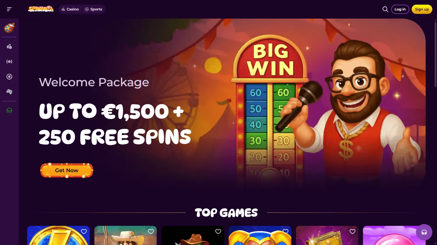 Spinania Casino desktop home experience with casino, live play and betting options