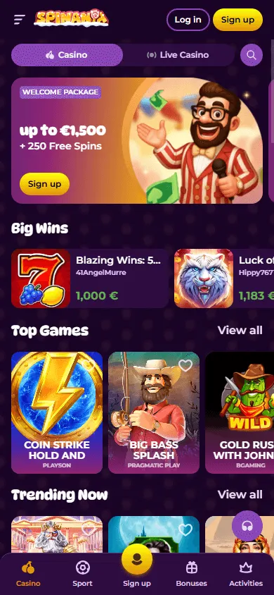 Spinania Casino mobile games area for slots, live games and table games