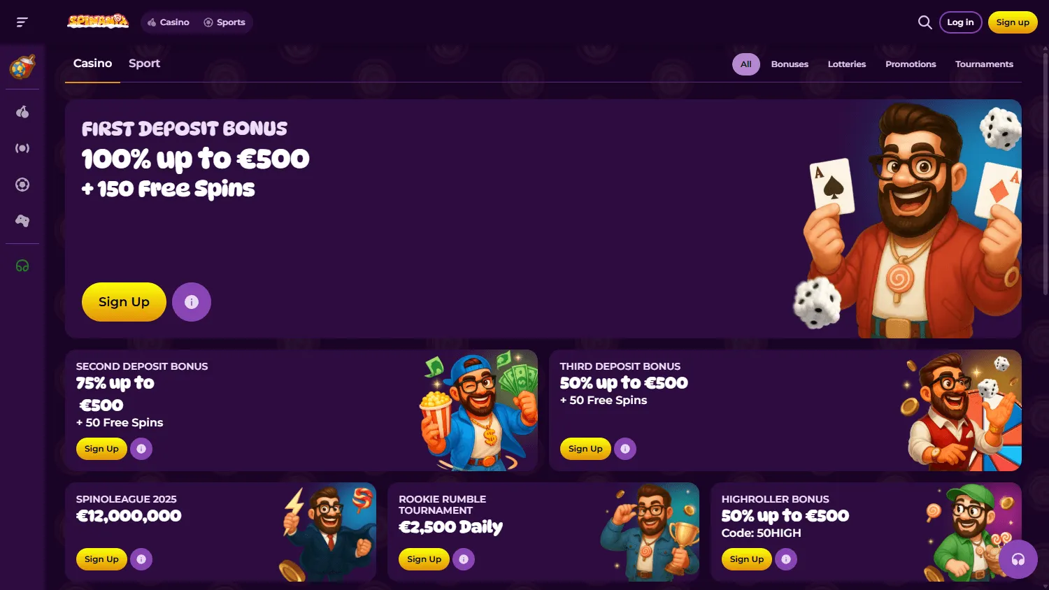Spinania Casino desktop promotions area with welcome and reload offers
