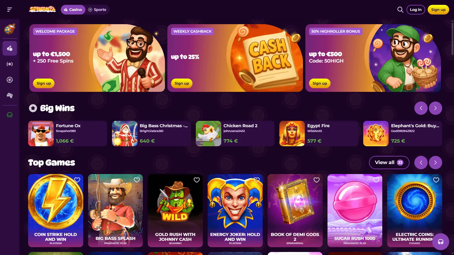 Spinania Casino desktop games area with casino and live game categories