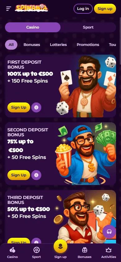 Spinania Casino mobile promotions area with bonus and free-spin offers
